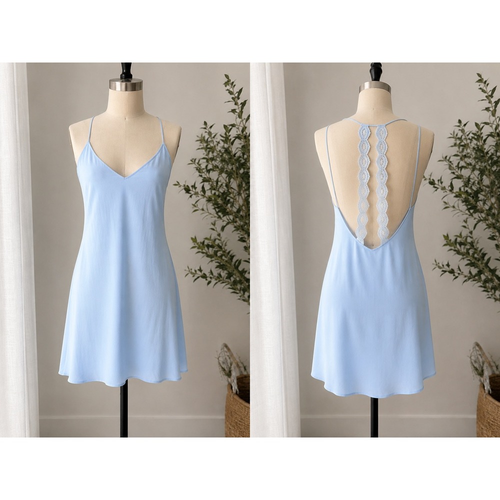 ASTR The Label Ice Blue Silk Blend Lace Back Slip Dress Ethereal Romantic S